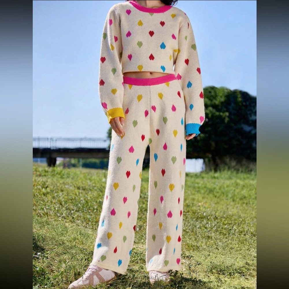 Heart sweater pants 2 PCS SET knit rainbow multicolor hearts cream pink